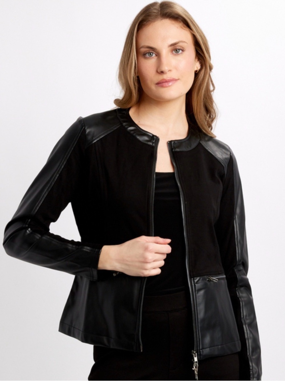 Women’s Black Faux Leather-Trim Zip Jacket